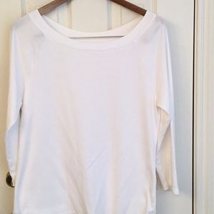 3/4 sleeve white T with ballerina neckline.